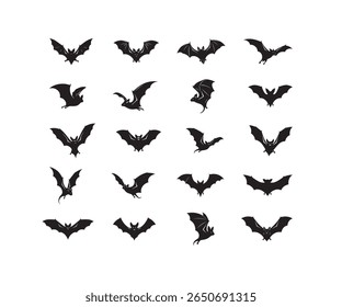 Flying Bat Black Silhouette Icons, Spooky Halloween and Wildlife Set