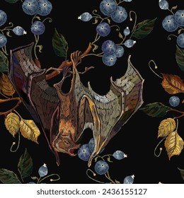 Flying bat and blackberry and autumn leaves. Gothic seamless pattern. Halloween art. Embroidery fashion style, template for design of clothes, t-shirt