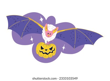 Flying bat carrying in paws yellow pumpkin flat style, vector illustration isolated on white background. Halloween decorative design element, night winged animal