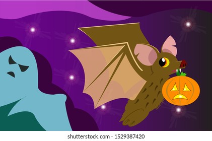 A flying bat carrying a pumpkin chasing by a creepy green ghost in the night, halloween card, vector illustration