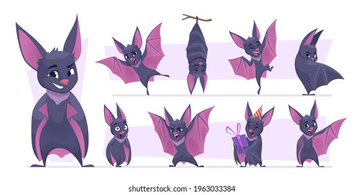 Flying bat. Cartoon wild vampire scary mammals mouse mascot with wings exact vector pictures collection