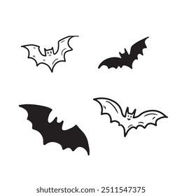 Flying bat collection in black silhouette and line art illustration isolated on white. Hand drawn vector sketch illustration in doodle engraved vintage line art style. Happy Halloween symbol