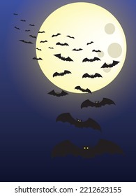 Flying bat colony underthe full moon border background. Creepy silhouette flittermouse group isolated. Copy space in the middle of bottom. Vector illustration