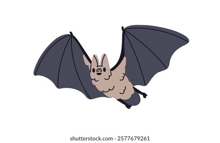 Flying bat. Cute night animal with funny face, wings. Halloween forest fauna in flight. Spooky creepy wild nocturnal vampire character. Flat graphic vector illustration isolated on white background