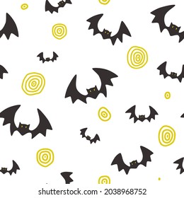 Flying bat doodle halloween pattern. Seamless texture for textile, fabric, apparel, wrapping, paper, stationery.