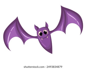 Flying bat in flat vector style, isolated on white. Drawing of a nocturnal wild animal in cartoon style. Halloween creepy fauna modern vector illustration.