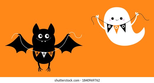 Fantasma de murciélago volador sosteniendo la bandera de la bandera del bunting Boo. Feliz Halloween. Espíritu de animal negro asustado. Cuta caricatura kawaii personaje espeluznante. Tarjeta de saludo de fondo naranja. Diseño plano. Ilustración del vector
