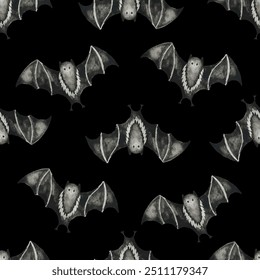 Flying bat Halloween seamless pattern, hand drawn watercolor on black background 