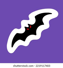 Flying bat, Halloween sticker. Creepy animal vampire flies. Scary Helloween vamp with wings and red eyes. Isolated colored flat cartoon vector illustration