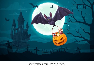 Flying bat with Halloween sweets bucket, vector Halloween holiday. Cartoon bat carrying pumpkin with trick or treat candies in dark night sky with full moon, creepy midnight cemetery and haunted house