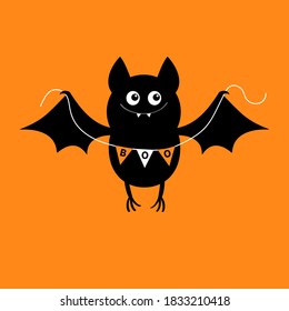 Flying Fledermaus hält Bunding Fahne Boo. Fröhliches Halloween. Gruseliges schwarzes Tier. Cute Cartoon kawaii spooky Charakter. Lächelndes Gesicht, Flügel. orangefarbener Hintergrund Grußkarte. Flaches Design. Vektorgrafik