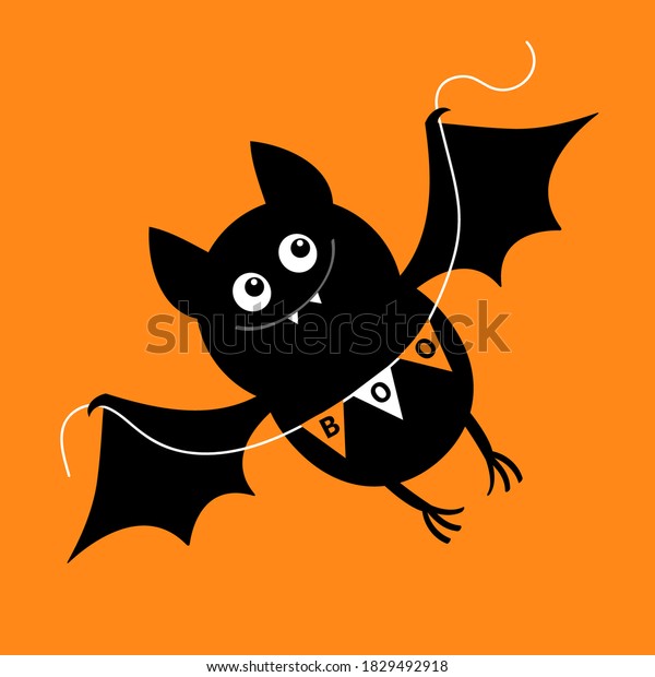 バント旗を持つ飛ぶバット ハッピーハロウィン かわいい漫画のカワイイスプーキー 怖い黒い動物 笑顔 翼 オレンジの背景にグリーティングカード のベクター画像素材 ロイヤリティフリー