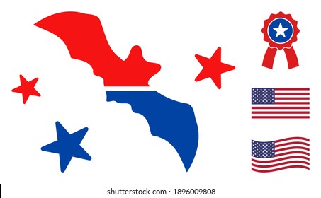 Flying bat icon in blue and red colors with stars. Flying bat illustration style uses American official colors of Democratic and Republican political parties, and star shapes.