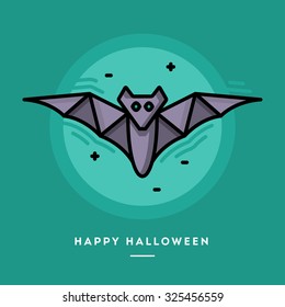 Flying bat icon, flat design thin line Halloween banner, vector illustration