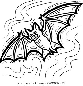 Flying bat night animal, hand drawn illustration. Decorative element for logo design, Halloween party invitation, poster print, postcard. Cartoon character gothic scary face comic style vectorvdrawing