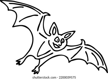 Flying bat night animal, hand drawn illustration. Decorative element for logo design, Halloween party invitation, poster print, postcard. Cartoon character gothic scary face comic style vectorvdrawing