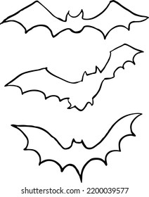Flying bat night animal, hand drawn illustration. Decorative element for logo design, Halloween party invitation, poster print, postcard. Cartoon character gothic scary face comic style vectorvdrawing