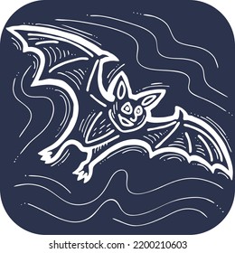 Flying bat night animal, hand drawn illustration. Decorative element for logo design, Halloween party invitation, poster print, postcard. Cartoon character gothic scary face comic style vectorvdrawing