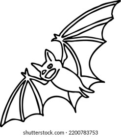 Flying bat night animal, hand drawn illustration. Decorative element for logo design, Halloween party invitation, poster print, postcard. Cartoon character gothic scary face comic style vectorvdrawing