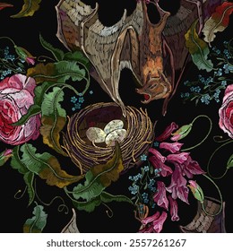 Flying bat, roses flowers and bird nest. Embroidery. Gothic template for design of clothes, tapestry. Halloween style