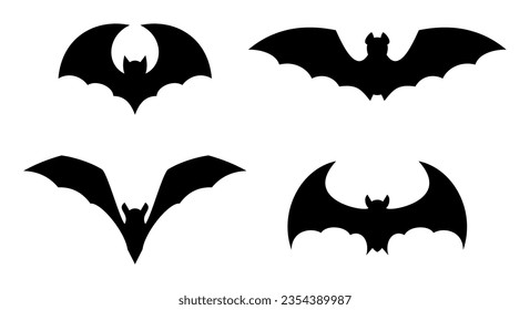 Flying bat set. Halloween vampire silhouette. Horror, creepy and spooky animal. Terrifying dracula character. Vector illustration isolated on white background.