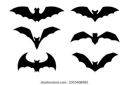 Flying bat set. Halloween vampire silhouette. Horror, creepy and spooky animal. Terrifying dracula character. Vector illustration isolated on white background.