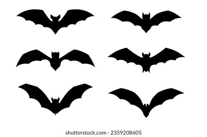 Flying bat set. Halloween vampire silhouette. Horror, creepy and spooky animal. Terrifying dracula character. Vector illustration isolated on white background.