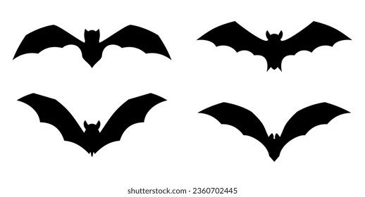 Flying bat set. Halloween vampire silhouette. Horror, creepy and spooky animal. Terrifying dracula character. Vector illustration isolated on white background.