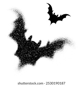 A flying bat silhouette created with scattered black dots in a spooky, minimalist design. Vector illustration.