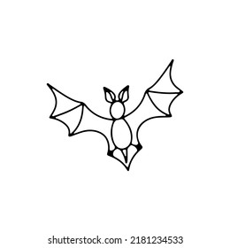 Flying bat silhouette. Hand drawn line art Halloween illustration. Isolated on white