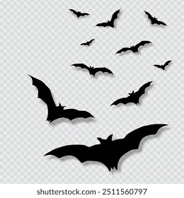 flying bat silhouette illustration for halloween theme with transparent background