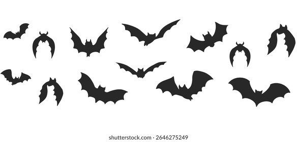 Flying bat silhouette row as Halloween border, divider. Isolated vector element in retro style. Great for frames, corner decor, or holiday banners.