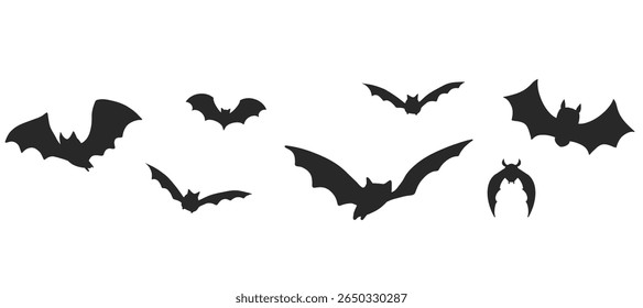 Flying bat silhouette row as Halloween border. Isolated vector element in retro style. Great for frames, corner decor, or holiday banners.