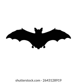 Flying Bat Silhouette Vector, Black Halloween Bat Icon.