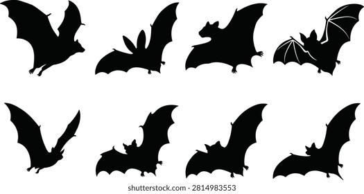 Flying bat silhouette vector collection with diverse wing positions for Halloween decorations and spooky design projects