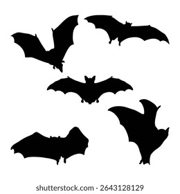 Flying Bat Silhouette Vector Set, Halloween and Nature Theme.