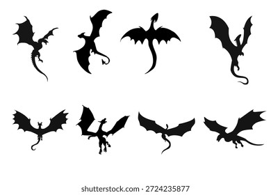 Coleção de silhuetas de morcego voador em diferentes posições de asa isoladas sobre fundo branco para projetos de design de animais selvagens e animais noturnos de halloween horror