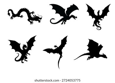 Silhuetas de morcego voador em preto. Halloween e formas animais de fantasia para o design assustador, gótico e noite.