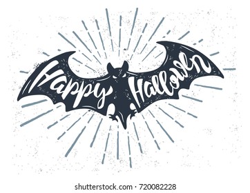 Flying bat with text happy halloween. Vector illustration