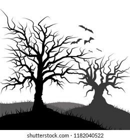 Flying Bat and tree grass silhouette. Poster in a dark style for Halloween party