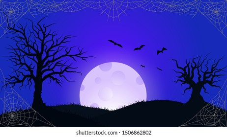 Flying Bat and tree grass silhouette. Colored poster in a dark blue style for Halloween party vector illustration