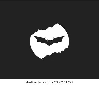 flying bat vector, and cloud covered moon, flat design, bat logo or icon, helloween concept element