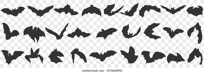 Flying bat with wings doodle set. Collection of hand drawn various black silhouettes of flying bats animals in rows isolated on transparent background 