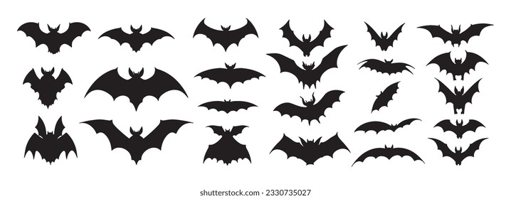 Flying bat with wings doodle set. Collection of hand drawn various black silhouettes of flying bats animals in rows.
