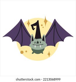 A flying bat in a witch hat on the full moon and stars. Doodle style for Halloween stickers and decorations. Simple spooky vector illustration for kids