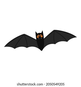 A flying bat with yellow eyes and white vampire fangs. Flat cartoon style