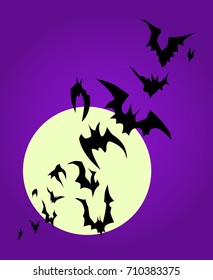 Flying bats against the moon. Hand drawn Halloween celebration design element symbol. Vector illustration in purple and black.