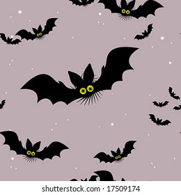Flying bats with big yellow eyes, seamless pattern