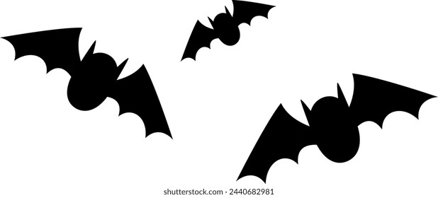 Flying bats black silhouettes. Spooky halloween symbol isolated on white background