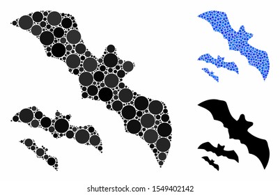 Flying bats composition of filled circles in different sizes and color tints, based on flying bats icon. Vector filled circles are composed into blue composition.